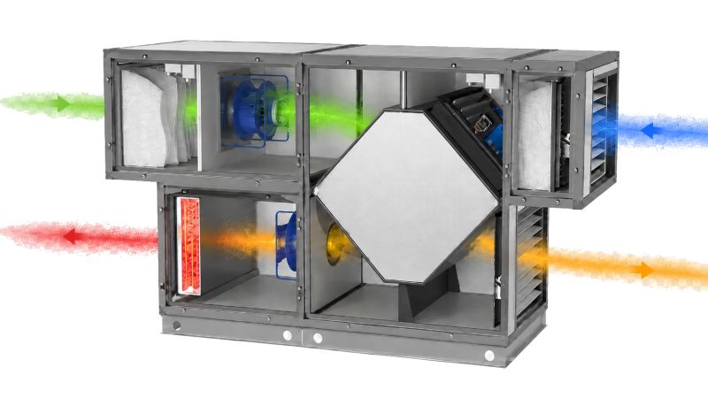 Vue en coupe d’un monobloc de ventilation double flux avec récupérateur de chaleur