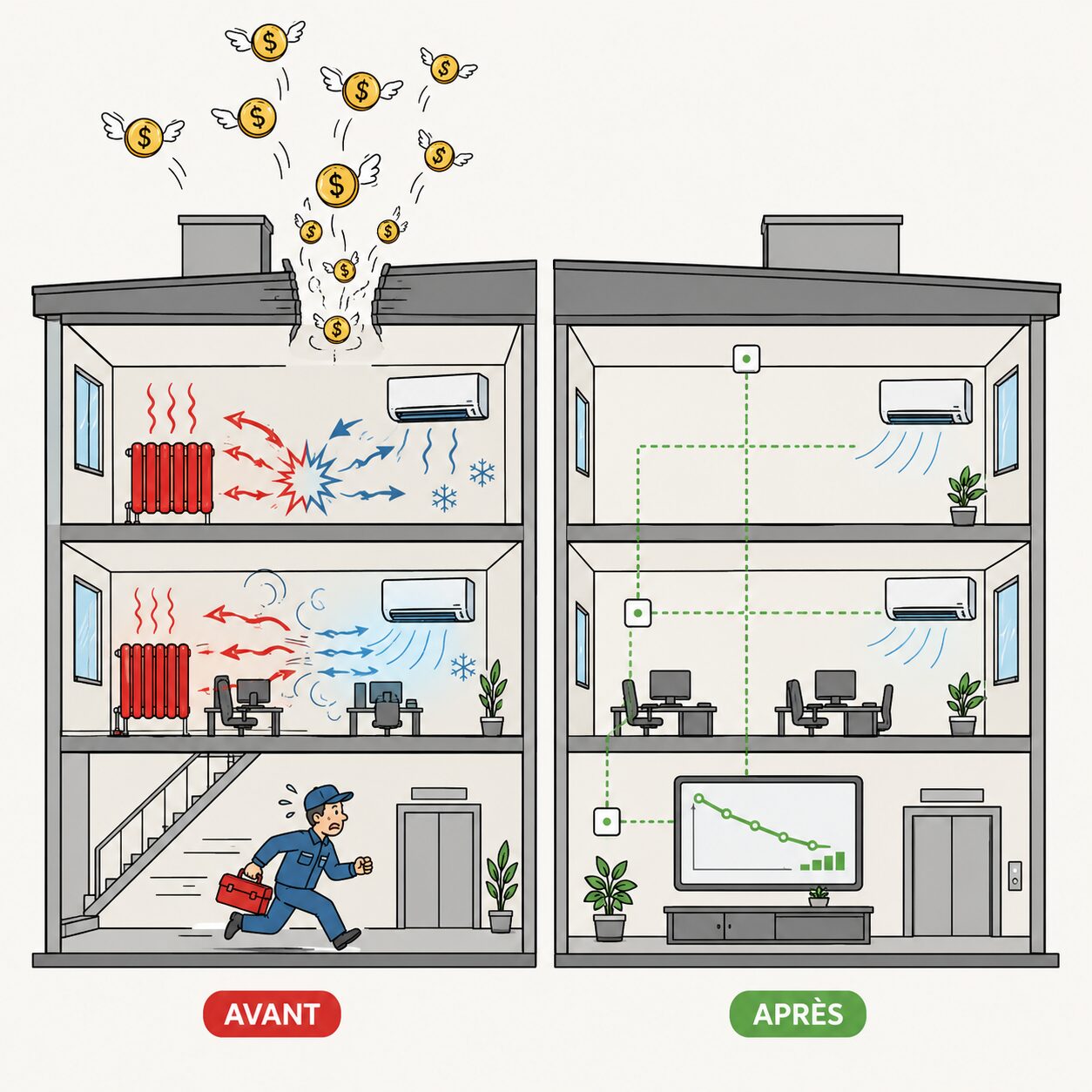 Illustration avant/après : les surcoûts d’exploitation d’un MCR mal cadré face à un bâtiment correctement supervisé