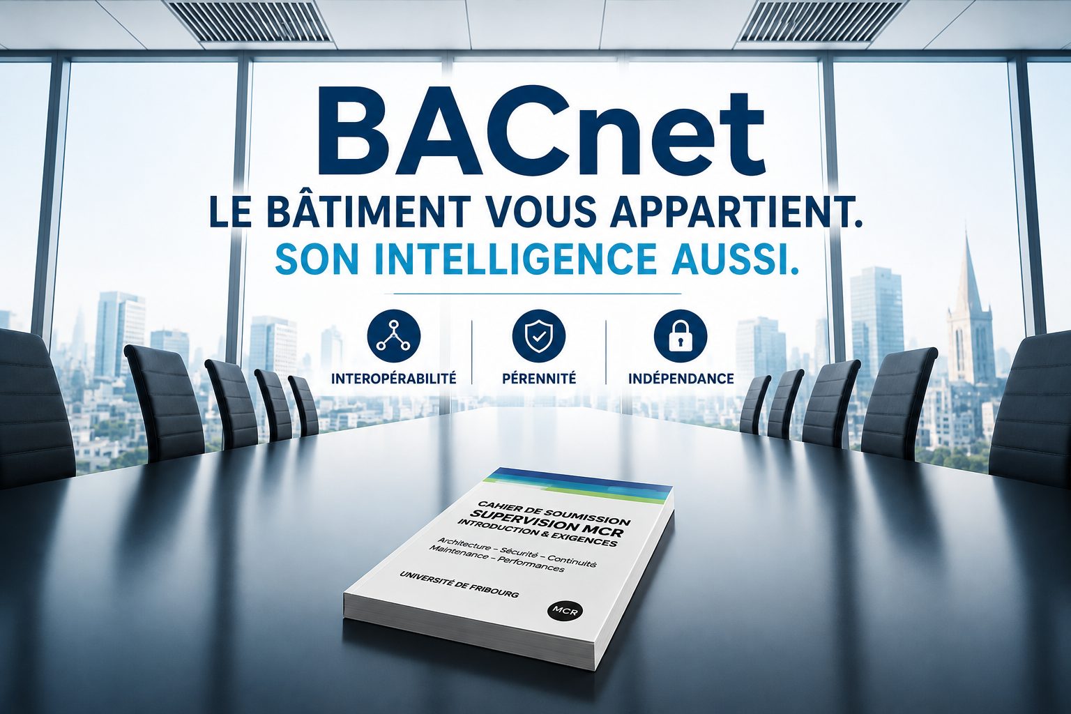 Cahier de soumission « Supervision MCR » posé sur une table de conférence, sous les trois exigences BACnet : interopérabilité, pérennité, indépendance.