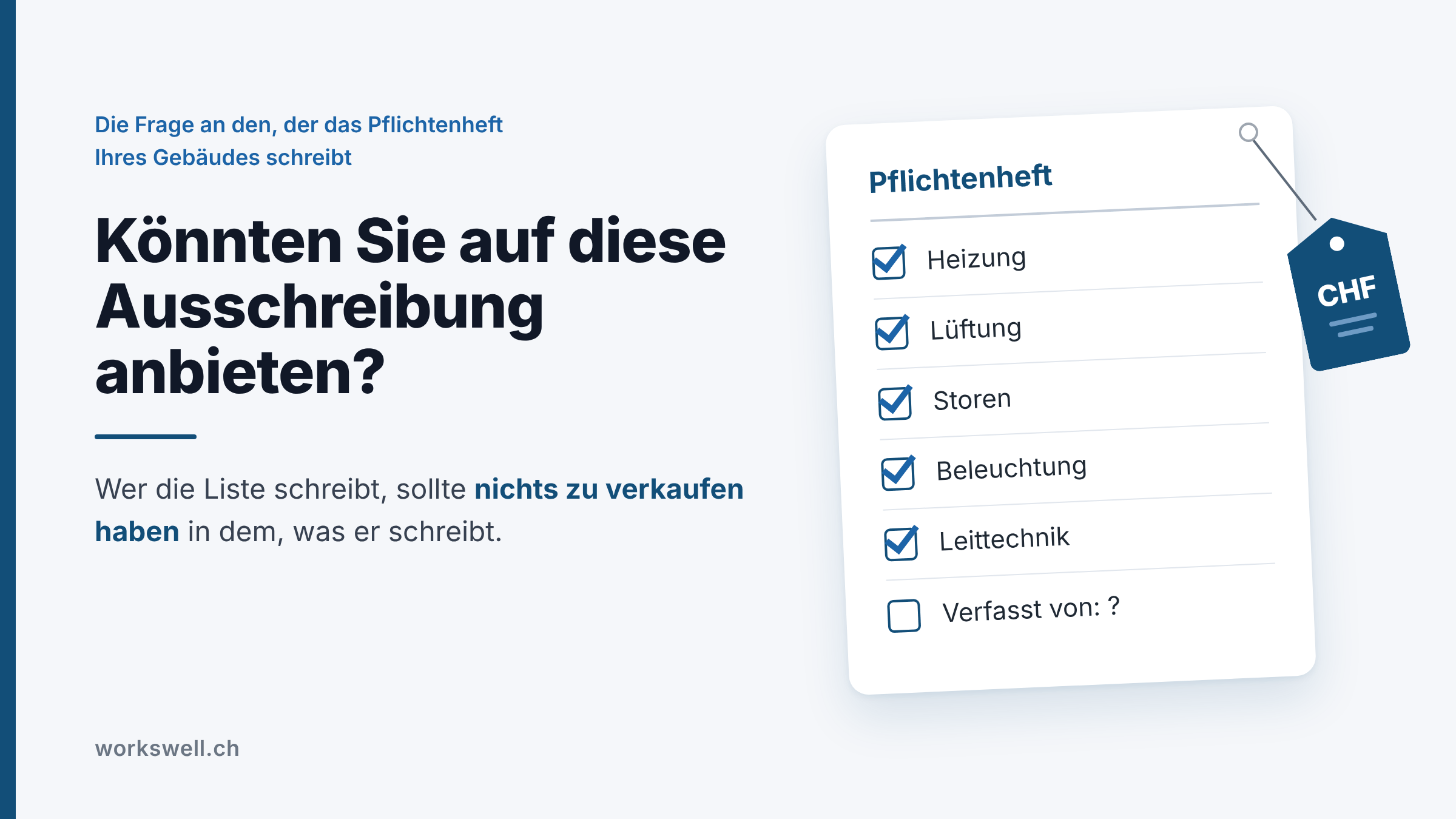 Ein Blatt «Pflichtenheft» mit angekreuzten Positionen und einem Preisschild an der Ecke.