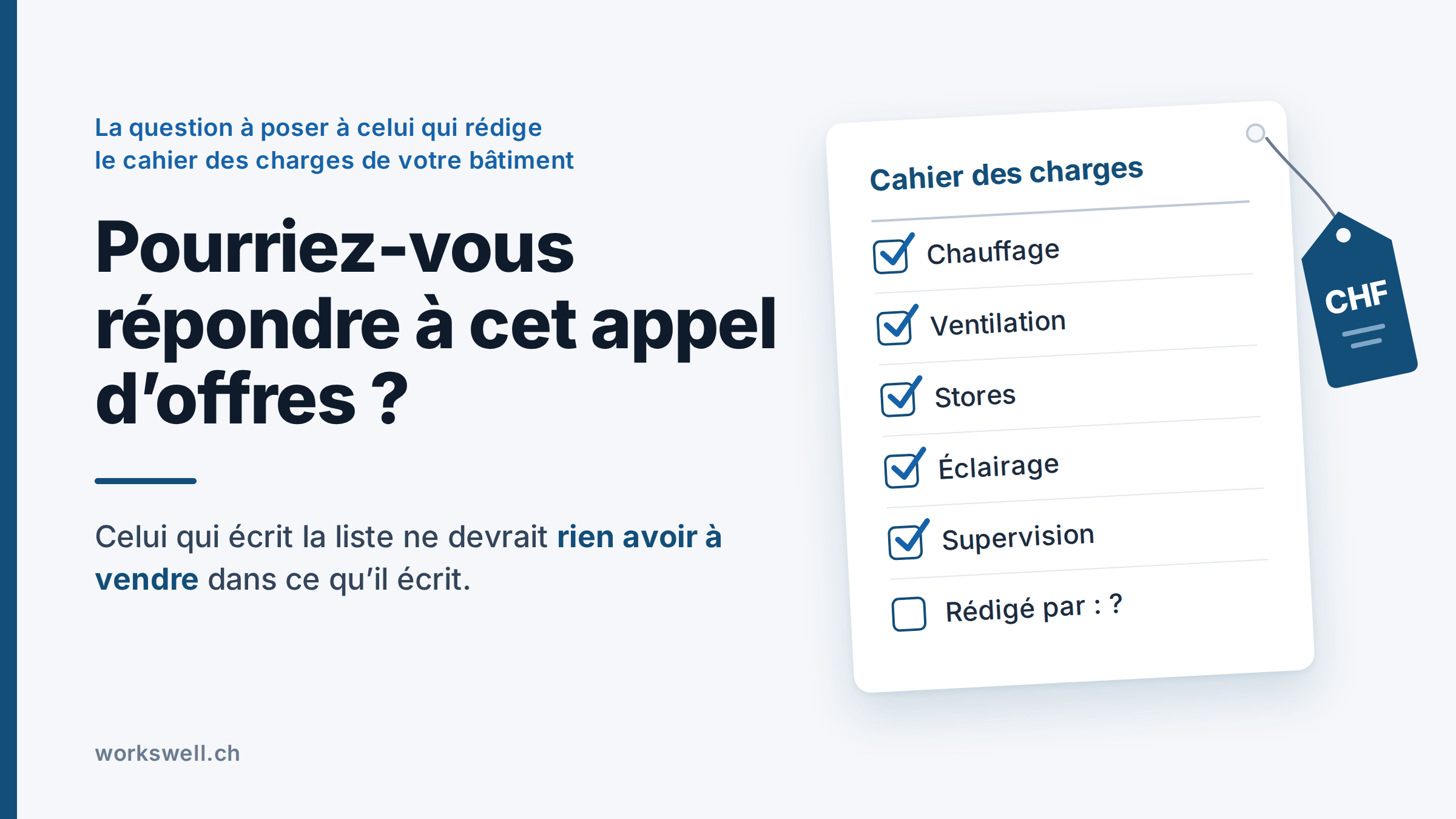 Une feuille « Cahier des charges » aux postes cochés, avec une étiquette de prix accrochée au coin.