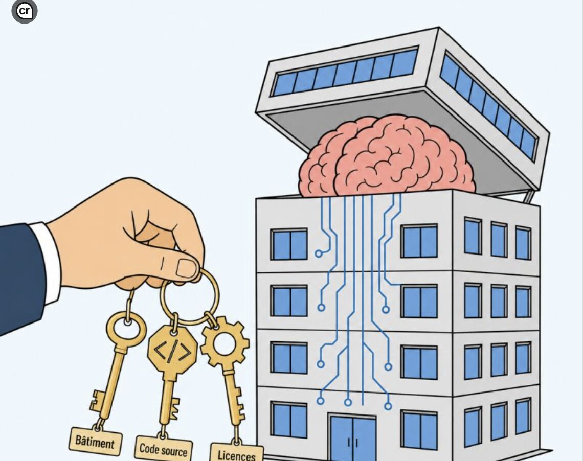 Une main tient les clés d’un bâtiment connecté : code source, licences et documentation des automates